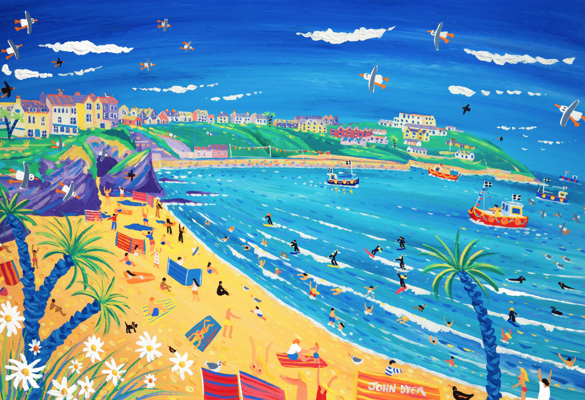 Cornish Art Limited Edition Print by John Dyer. &#39;Surfing and Sunbathing, Great Western Beach, Newquay&#39;. Cornwall Art Gallery Print