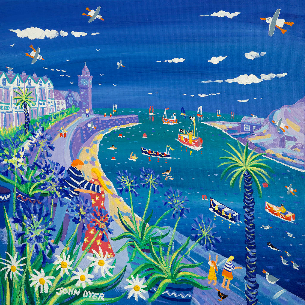 What could be more romantic than a cuddle and a squeeze overlooking this famous double harbour in Porthleven? In this original oil painting Cornish artist John Dyer captures the romance and beauty of this pretty seaside Cornish village. Boats potter in and out of the harbour, past the iconic church tower, people take leisurely strolls or swim in the harbour and agapanthus sway in the breeze. This is a perfect summer’s day full of sunshine and love.
