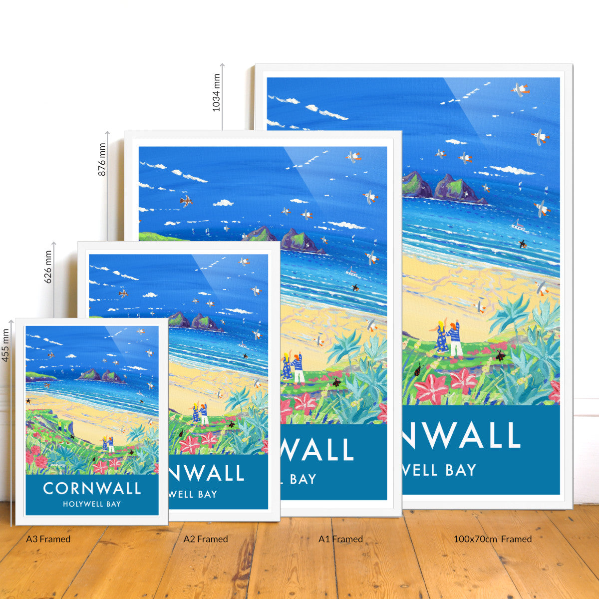 Vintage Style Seaside Travel Art Poster Print by Cornish Artist John Dyer. Holywell Bay Beach Cornwall