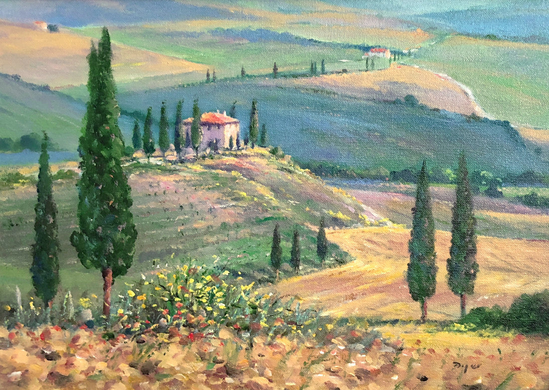 &#39;Il Belvedere Farmhouse, San Quirico. Tuscany. Italy&#39;, 10 x 14 inches original art oil on canvas. Paintings of Cornwall by Cornish Artist Ted Dyer from our Cornwall Art Gallery