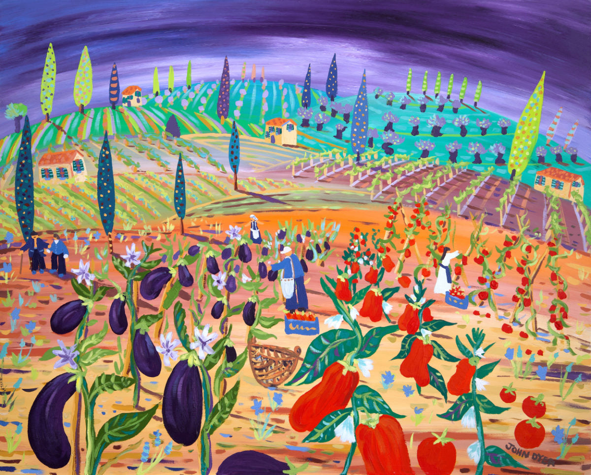 Original Painting of Tuscany, Italy by John Dyer. &#39;A Feast of Food, Italy&#39;. Italian Art Gallery