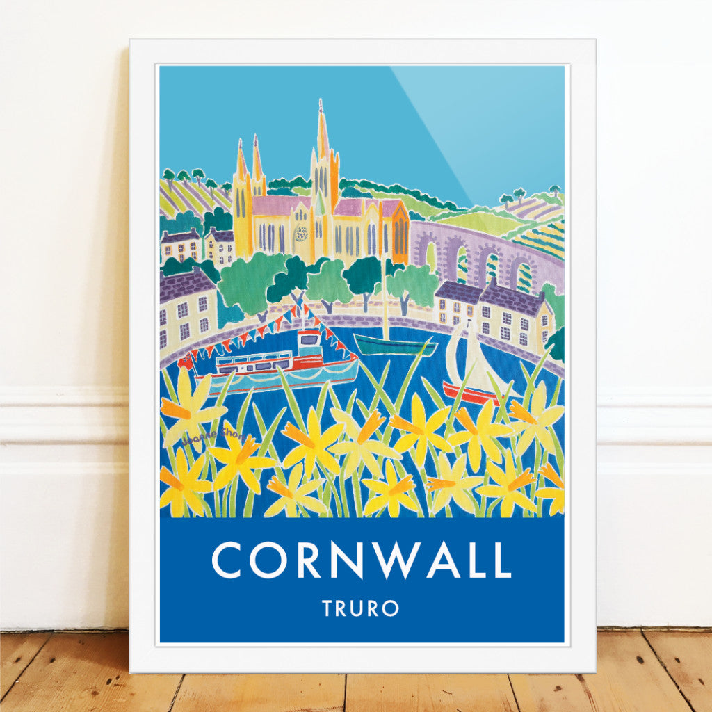 Wall art poster print of Truro in Cornwall by artist Joanne Short. This vintage style travel poster from artist Joanne Short captures the perfect vintage feel of Truro with a stunning painting &amp; wonderful type. The painting was commissioned by Truro city Council and makes the perfect image of Truro city with the cathedral viewed from across the river though the Cornish spring daffodils. A Falmouth ferry is arriving in Truro and sailing boats drift by.