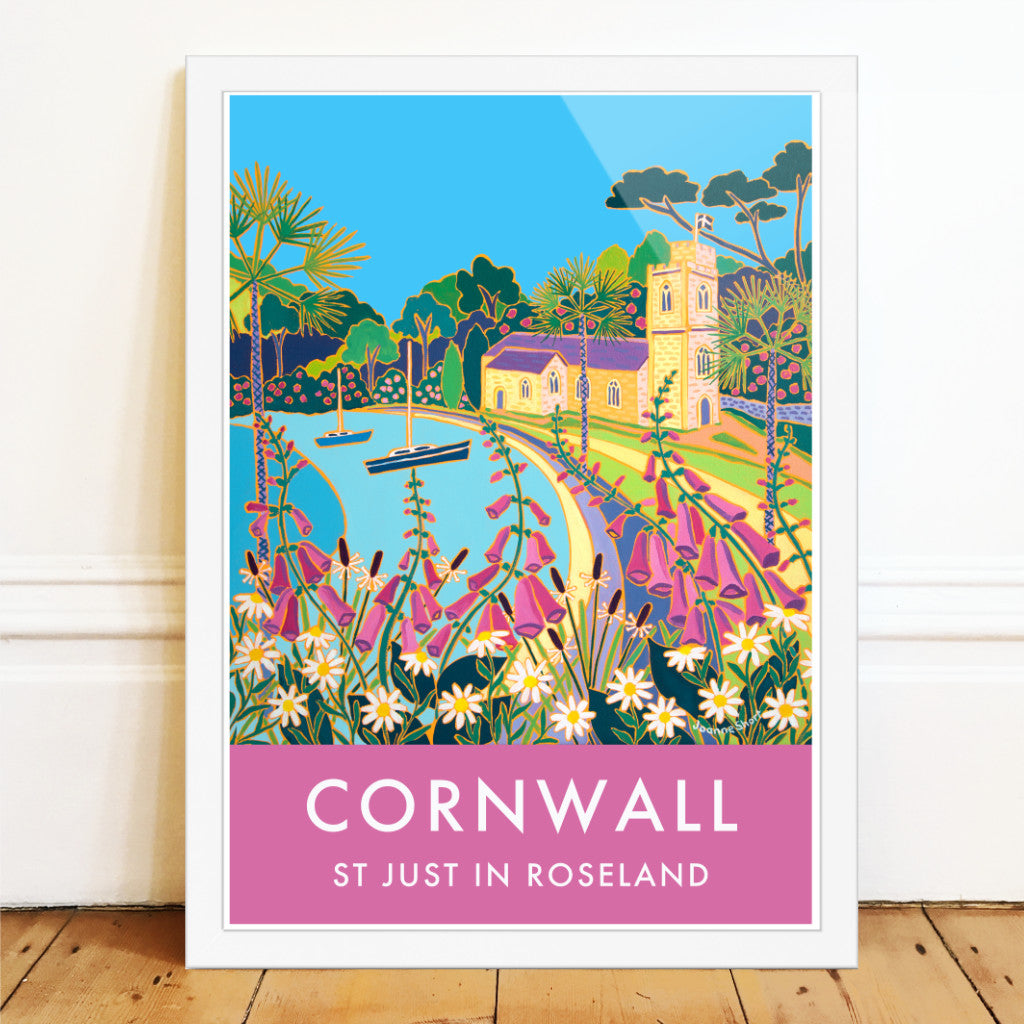 Cornish wall art print of St Just in Roseland Church by artist Joanne Short. An incredibly beautiful vintage style wall art poster print of the church at St Just In Roseland by Cornish artist Joanne Short. Featuring her painting &#39;Spring Flowers at High Tide, St Just in Roseland&#39; the image is full of wild Cornish flowers and colour with palm trees, foxgloves, daisies and wild grasses.