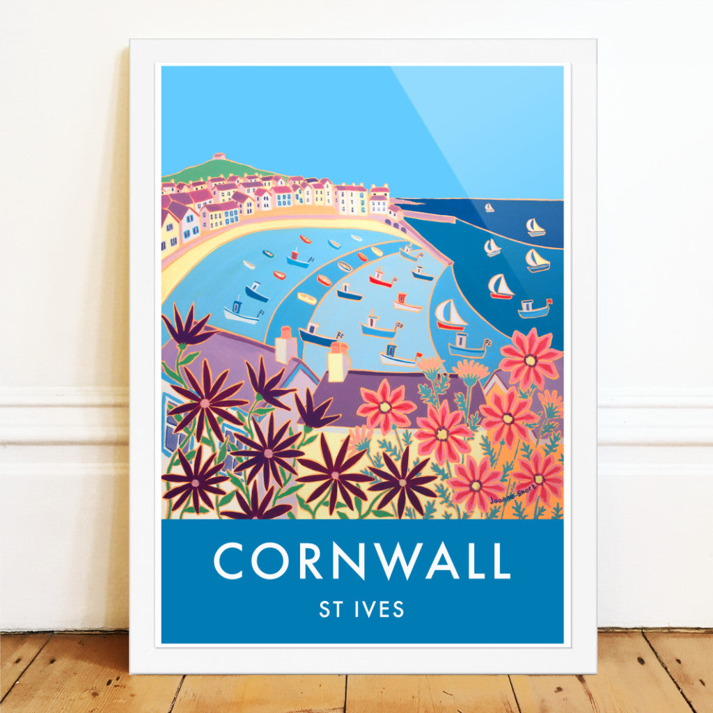 This vintage style wall art travel poster print of St Ives in Cornwall from contemporary Cornish artist Joanne Short is a real treat. Combining 1930s vintage style with the best of Cornish art and painting. Looking through the purple and pink flowers and the rooftops of St Ives we see bands of sweeping blue sea as the tide brings in a flotilla of small fishing boats and dinghies. It is a perfect blue sky summer day in St Ives.