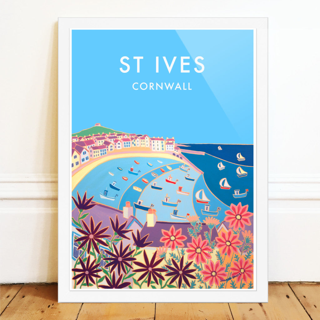 Cornwall wall art poster print of St Ives in Cornwall by Cornish artist Joanne Short. A vintage style travel poster of St Ives in Cornwall by Newlyn Society artist Joanne Short. A combination of the old with the new, using the artist&#39;s contemporary colourist painting of St Ives harbour combined with an extended sky and vintage type. Stunning blues and a flotilla of small boats create a sense of space. Our view is across the rooftops through the Cornish seaside summer flowers. 