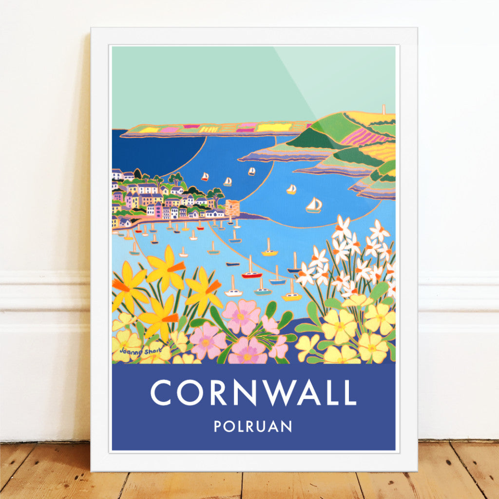 Polruan &amp; Fowey River Art Prints of Cornwall by Cornish Artist Joanne Short. Vintage Style Poster Print Art for Homes. Cornwall Art Gallery