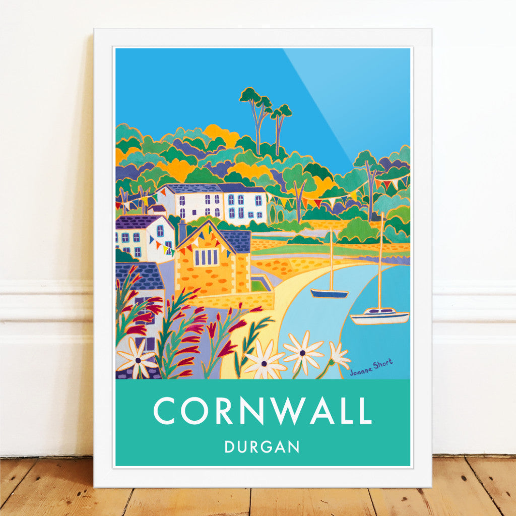 Cornwall wall art poster print of Durgan and the Helford River by Cornish artist Joanne Short. A stunning vintage style art travel poster of Durgan Village on the Helford river in Cornwall featuring Joanne Short&#39;s wonderful painting &#39;Summer Bunting, Durgan&#39;. A beautiful use of line and colour epitomise Joanne Short&#39;s art and this piece has great movement and space. Bunting adorns the village ready for the regatta day and the sea gently laps on the beach. Perfect.