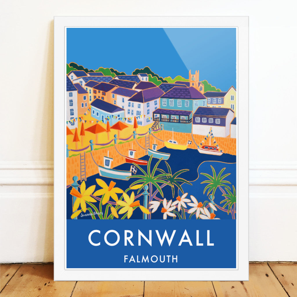 Falmouth, Customs House Quay Art Prints of Cornwall by Cornish Artist Joanne Short. Cornwall Art Gallery, Vintage Style Posters.