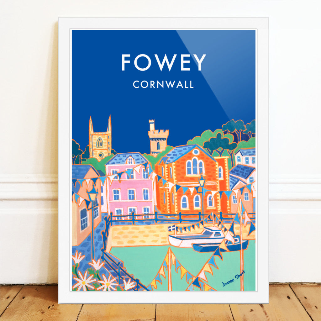 Cornwall wall art poster print of Fowey by Cornish artist Joanne Short. This is a wonderful example of Cornish contemporary art combined with classic 1930s style type to create a very special vintage style art travel poster of Fowey in Cornwall. A painting by acclaimed colourist painter Joanne Short is the main image on the poster print. A deep blue sky creates a dramatic backdrop to the colourful buildings, fishing boats and bunting of Fowey.