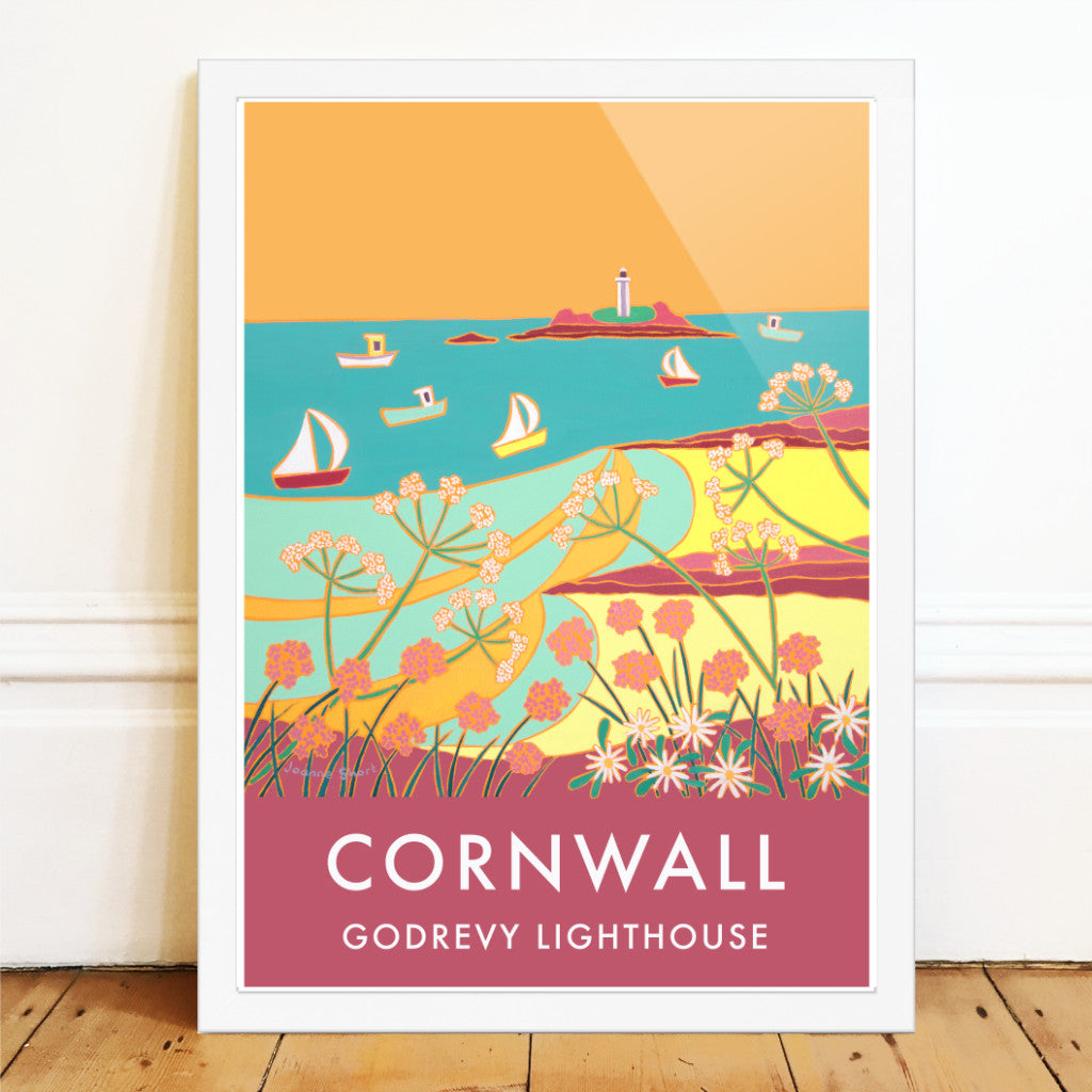 Godrevy Lighthouse, Gwithian. Art Prints of Cornwall by Cornish Artist Joanne Short. Cornwall Art Gallery, Vintage Style Posters.