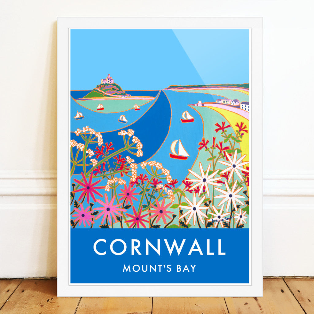 Mount's Bay & St Michael's Mount Art Prints of Cornwall by Cornish Artist Joanne Short. Vintage Style Poster Print Art for Homes. Cornwall Art Gallery