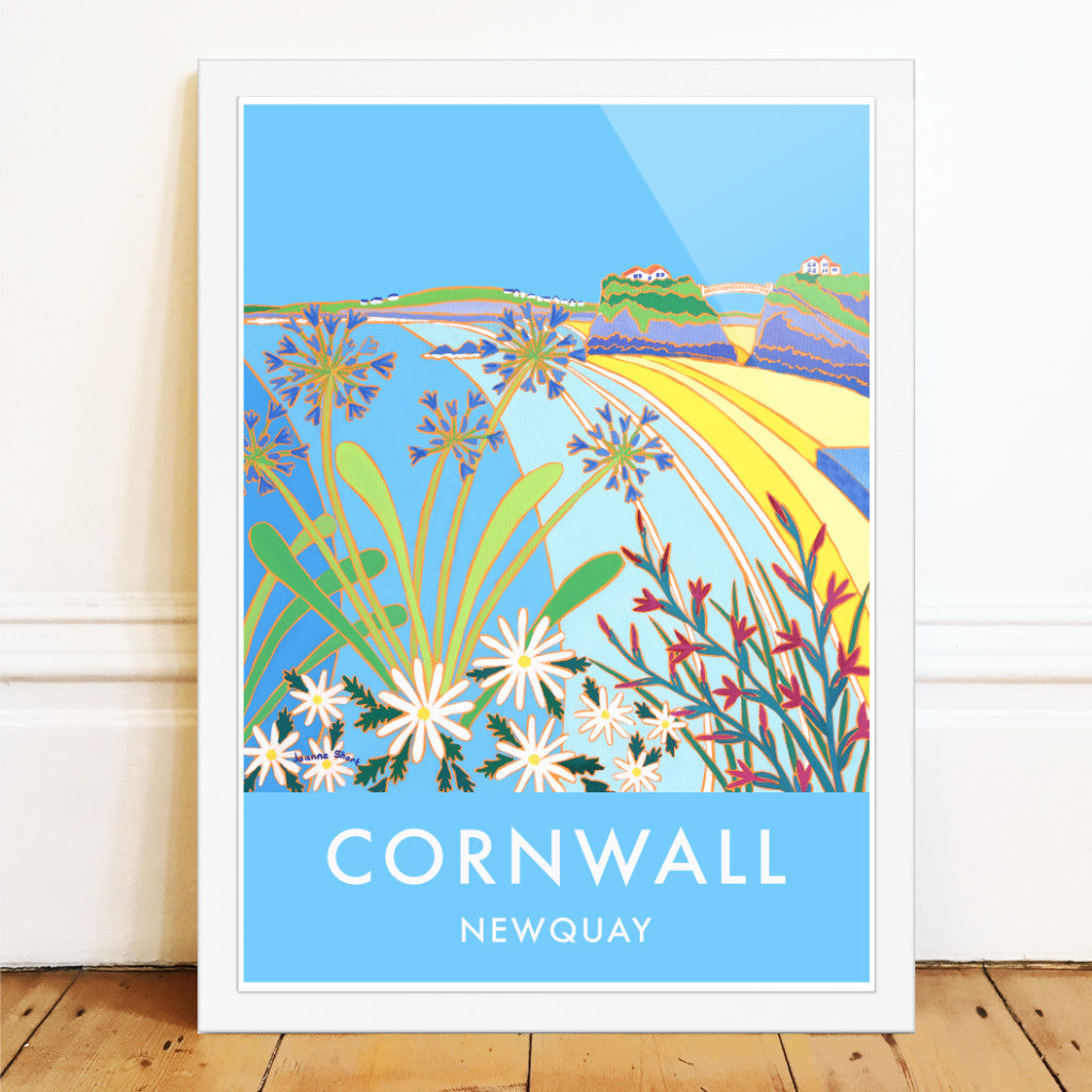 Cornwall wall art poster print of Newquay by Cornish artist Joanne Short. A fabulous vintage style art poster print of Newquay Towan Beach in Cornwall by artist Joanne Short. An amazing image with agapanthus and wild flowers looking back towards Towan Beach and the island with the suspension bridge. 
