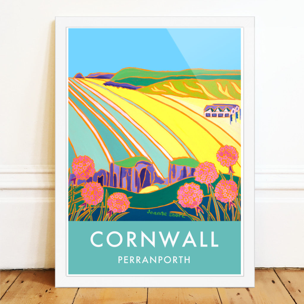 Perranporth Beach. Art Prints of Cornwall by Cornish Artist Joanne Short. Cornwall Art Gallery, Vintage Style Poster Art for Homes