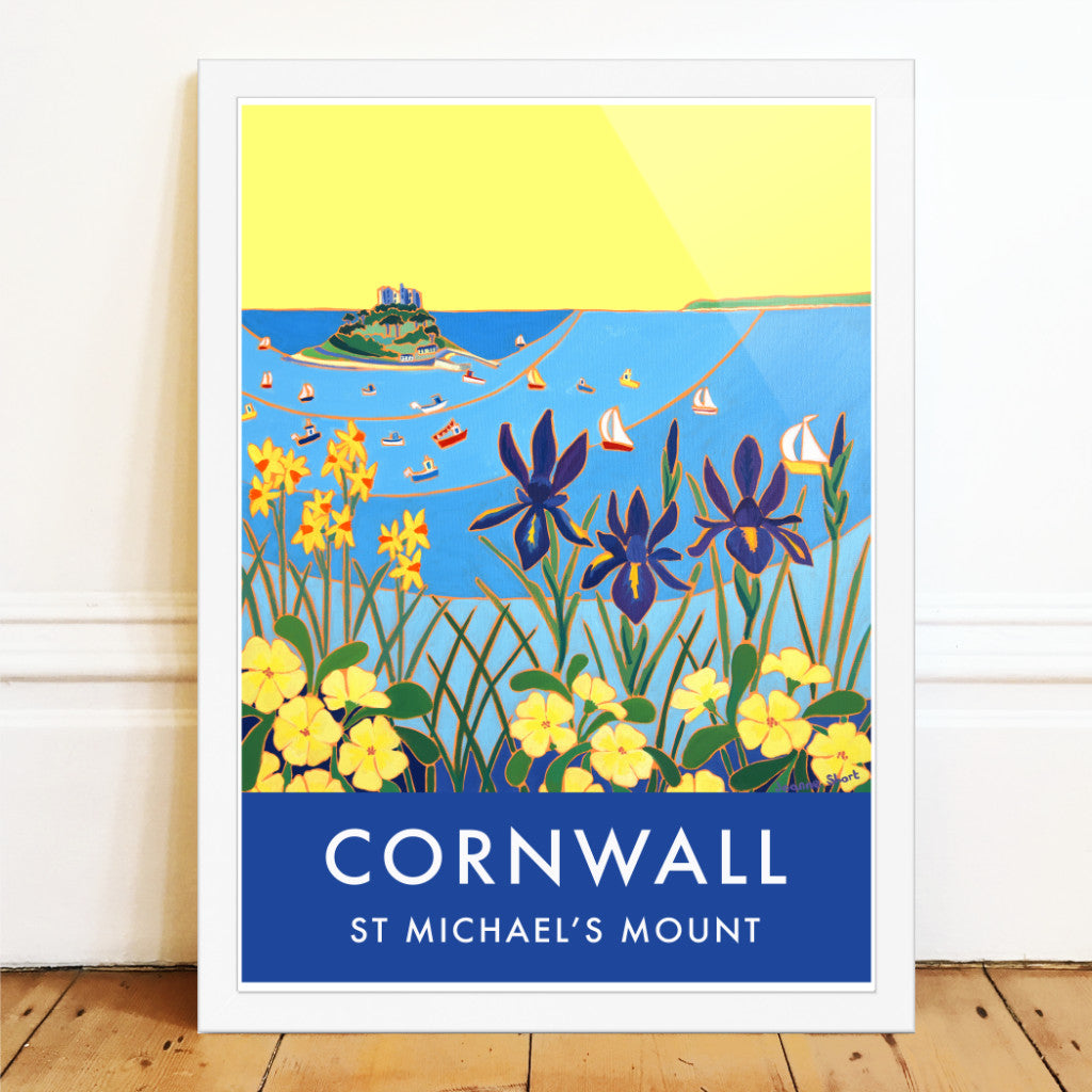Cornwall wall art poster print of St Michael&#39;s Mount, Mount&#39;s Bay and Marazion by Cornish artist Joanne Short. If you are looking for a vintage style art travel poster of Cornwall then look no further. This gorgeous print from Newlyn Society artist Joanne Short brings you the vintage look &amp; a piece of contemporary art. The almost luminous yellow sky &amp; bands of blue sea rolling in towards the blue iris, daffodils &amp; primroses draw our eye to St Michael&#39;s Mount which is surrounded by colourful Cornish boats. 