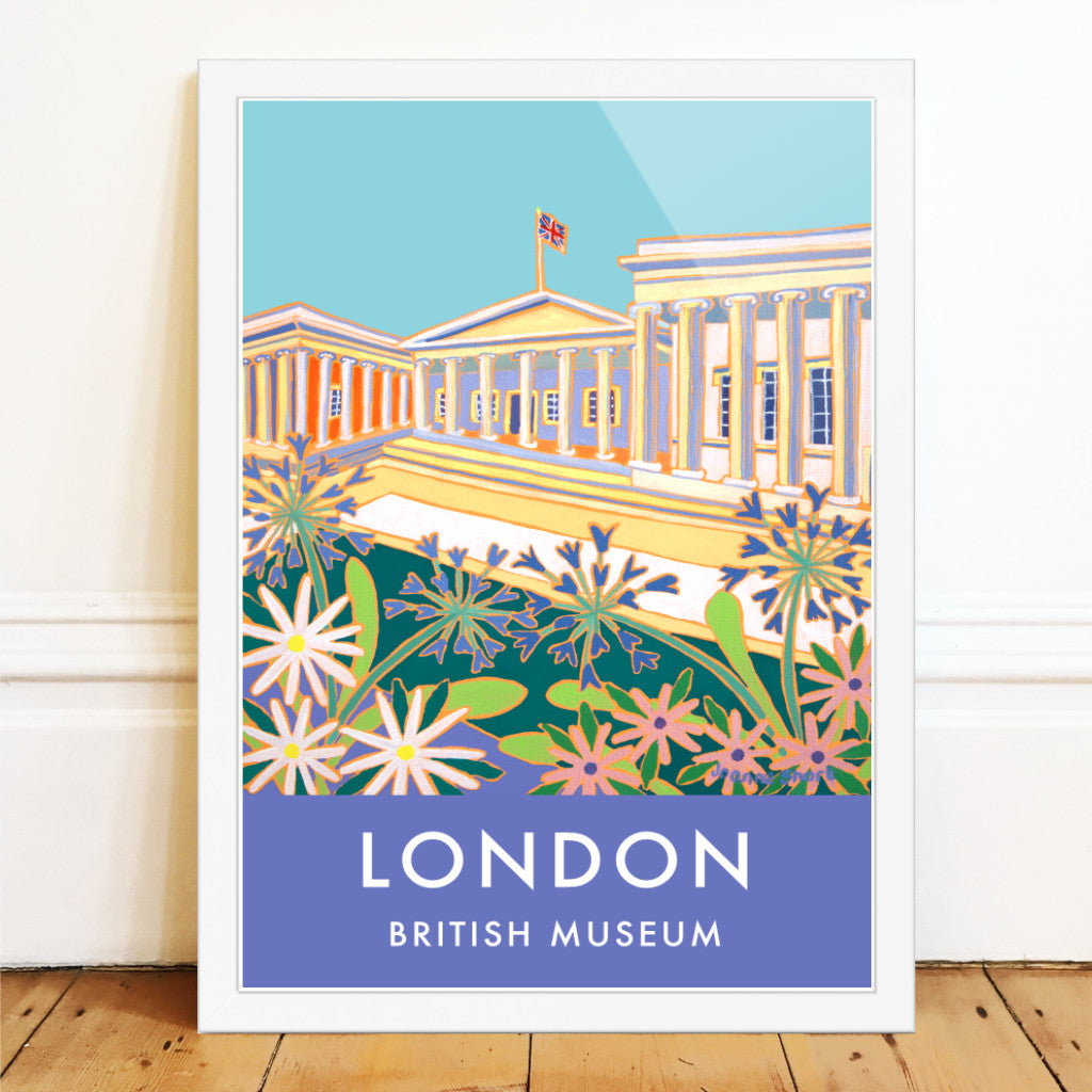 London archival wall art poster print of the landmark British Museum by artist Joanne Short. The wonderful architecture of the British museum has been captured by artist Joanne Short in the painting that features on this archival wall art London poster print. Agapanthus flowers fill the foreground and a British Union Jack flag flutters on the roof of the museum.