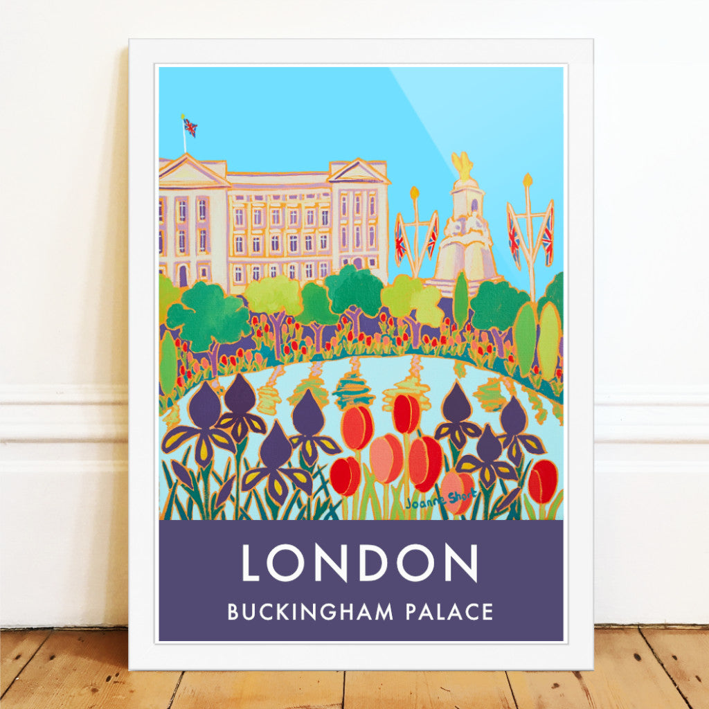 London wall art poster print of Buckingham Palace and the Mall by British artist Joanne Short. One of the most iconic travel style wall art posters of London. Artist Joanne Short&#39;s painting &#39;Tulips and Irises, Buckingham Palace&#39; has it all.  Buckingham Palace features with a Union Jack flag flying proudly. More Union Flags grace the side of the Mall and our view is through blue iris and red tulips. Available unframed or framed and ready to hang.