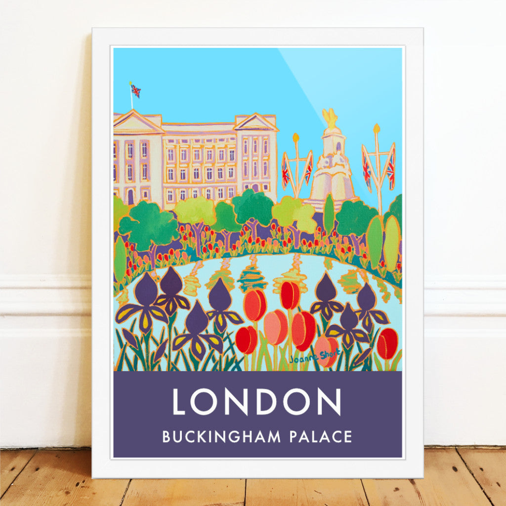 London wall art poster print of Buckingham Palace and the Mall by British artist Joanne Short. One of the most iconic travel style wall art posters of London. Artist Joanne Short's painting 'Tulips and Irises, Buckingham Palace' has it all.  Buckingham Palace features with a Union Jack flag flying proudly. More Union Flags grace the side of the Mall and our view is through blue iris and red tulips. Available unframed or framed and ready to hang.