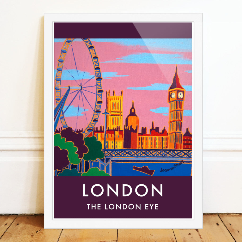 London wall art poster print featuring the London Eye, River Thames, Big Ben and the Houses of Parliament by British artist Joanne Short. Vintage Style Travel Poster by Joanne Short of The London Eye featuring her painting &#39;Evening Sky at the London Eye&#39;. The poster has an almost feel about it with the rich background colour running above and below the image with white vintage style type. 