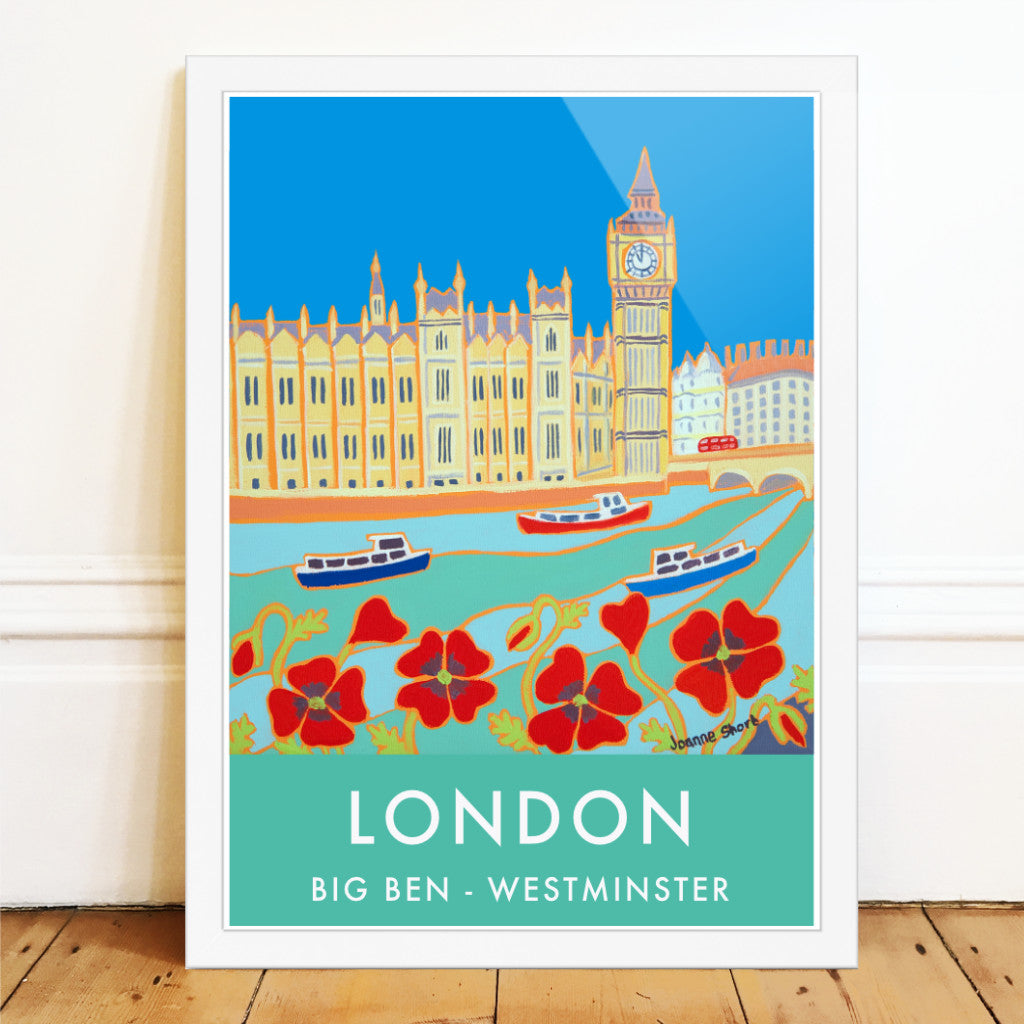 London wall art poster print of the River Thames and the Palace of Westminster, Houses of Parliament and Big Ben by British artist Joanne Short. &#39;Cruising past Big Ben&#39; is the title of Joanne Short&#39;s painting that features on this vintage style travel wall art archival poster of London. Red poppies fill the foreground and three river cruise boats in red, white and blue sail past the Palace of Westminster - Houses of Parliament and Big Ben.