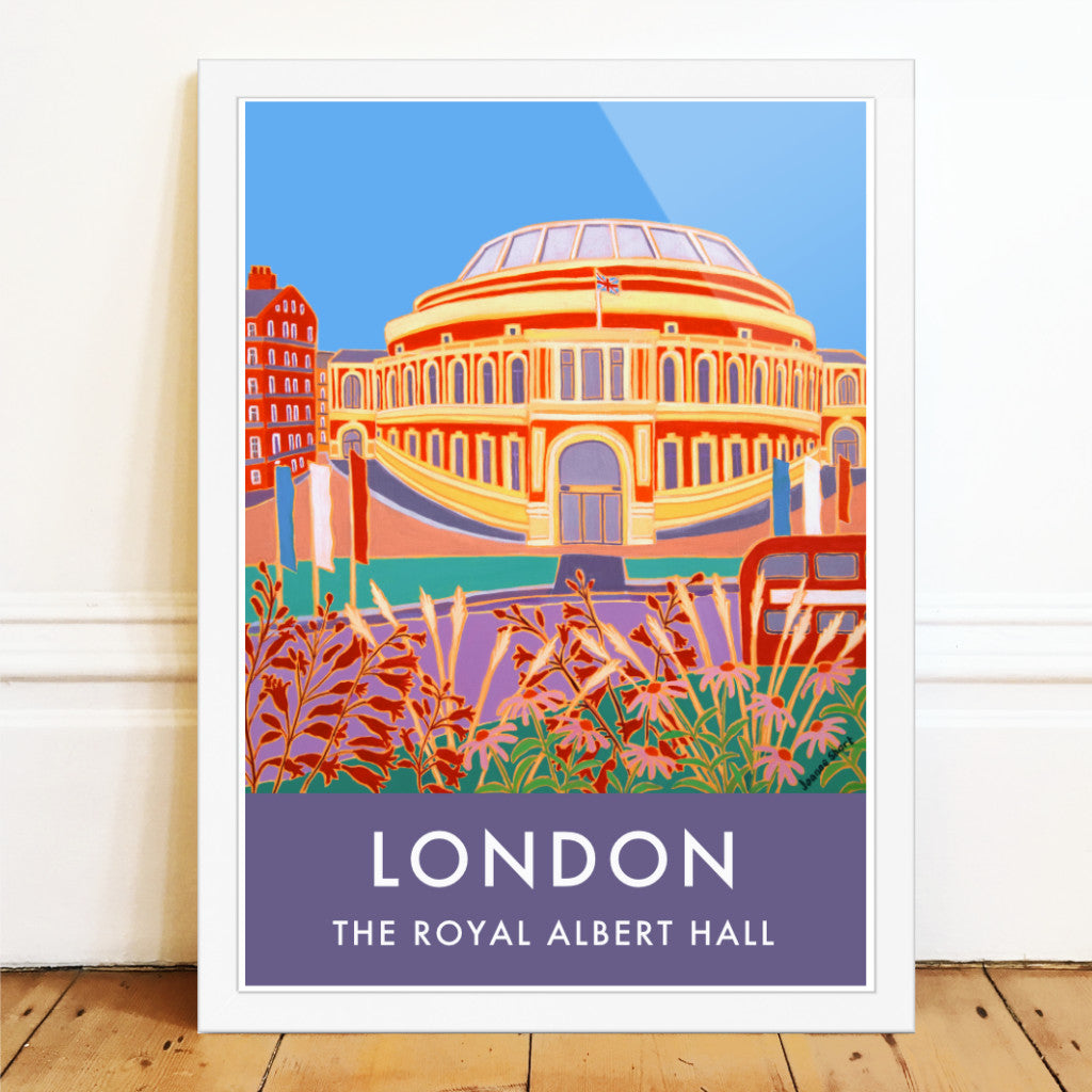 Archival London wall art poster print of the Royal Albert Hall from Hyde park by British artist Joanne Short. 'Flowers and Flags, The Royal Albert Hall' is the title of the Joanne Short painting featured on this stunning London art poster. The view is from Hyde Park looking back towards the amazing form and colour of the Royal Albert Hall. A red London bus can be seen on the right of the picture and red, white and blue flags flutter in the breeze. A celebration of London, music and culture.
