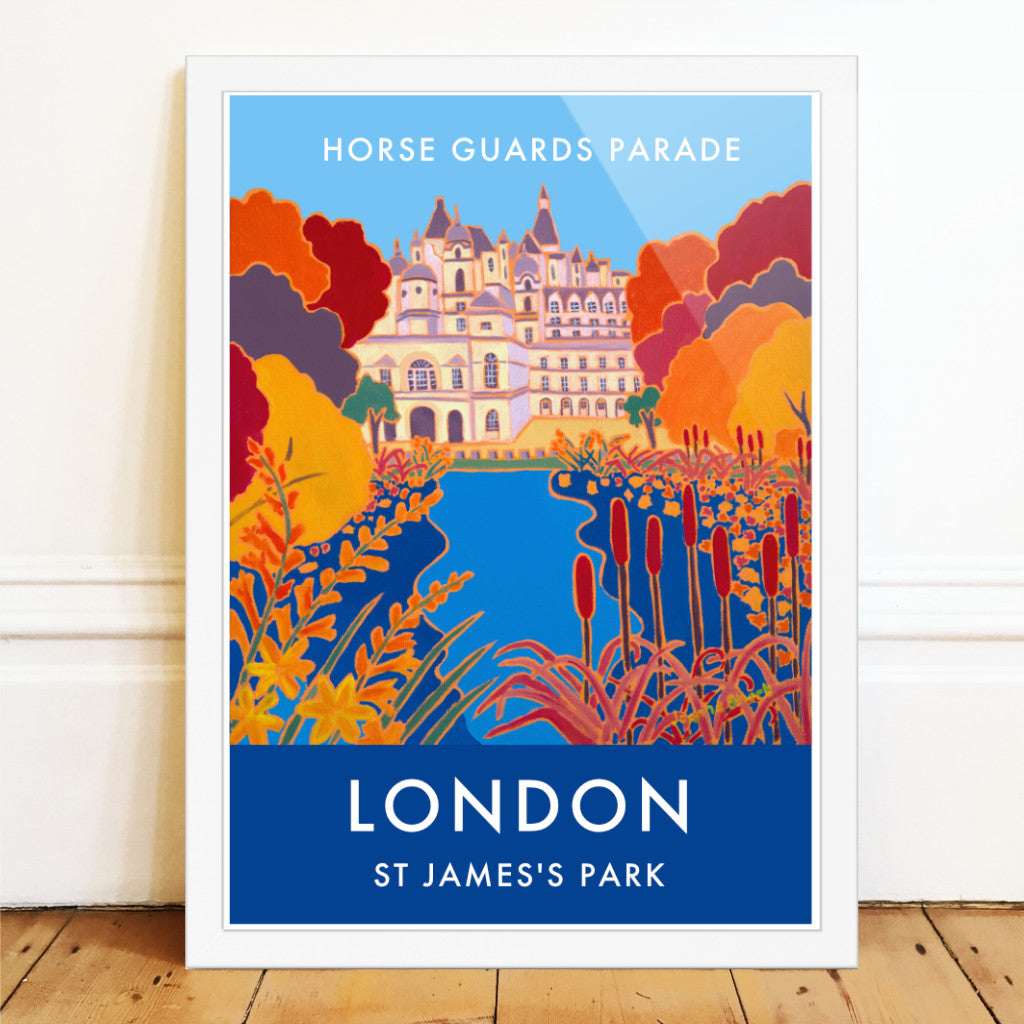 London wall art poster print of St James&#39;s Park and Horse Guards parade by British artist Joanne Short. A Vintage Style Travel Poster by Joanne Short of St James&#39;s Park and Horse Guards Parade in London featuring her stunning painting &#39;Autumn Colours, St James&#39;s Park&#39;. Joanne&#39;s amazing use of line and form create stunning shapes and colours in the lake with bullrushes and autumn leaves providing the foreground to our view across the water to Horse Guards Parade.