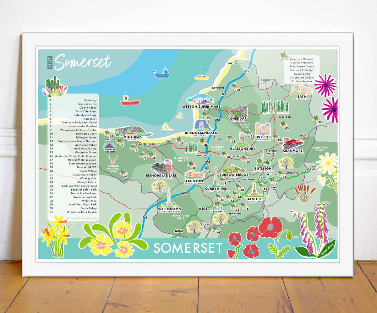 Vintage Style Travel Poster by Joanne Short. Illustrated Art Map of Somerset for Visit Somerset
