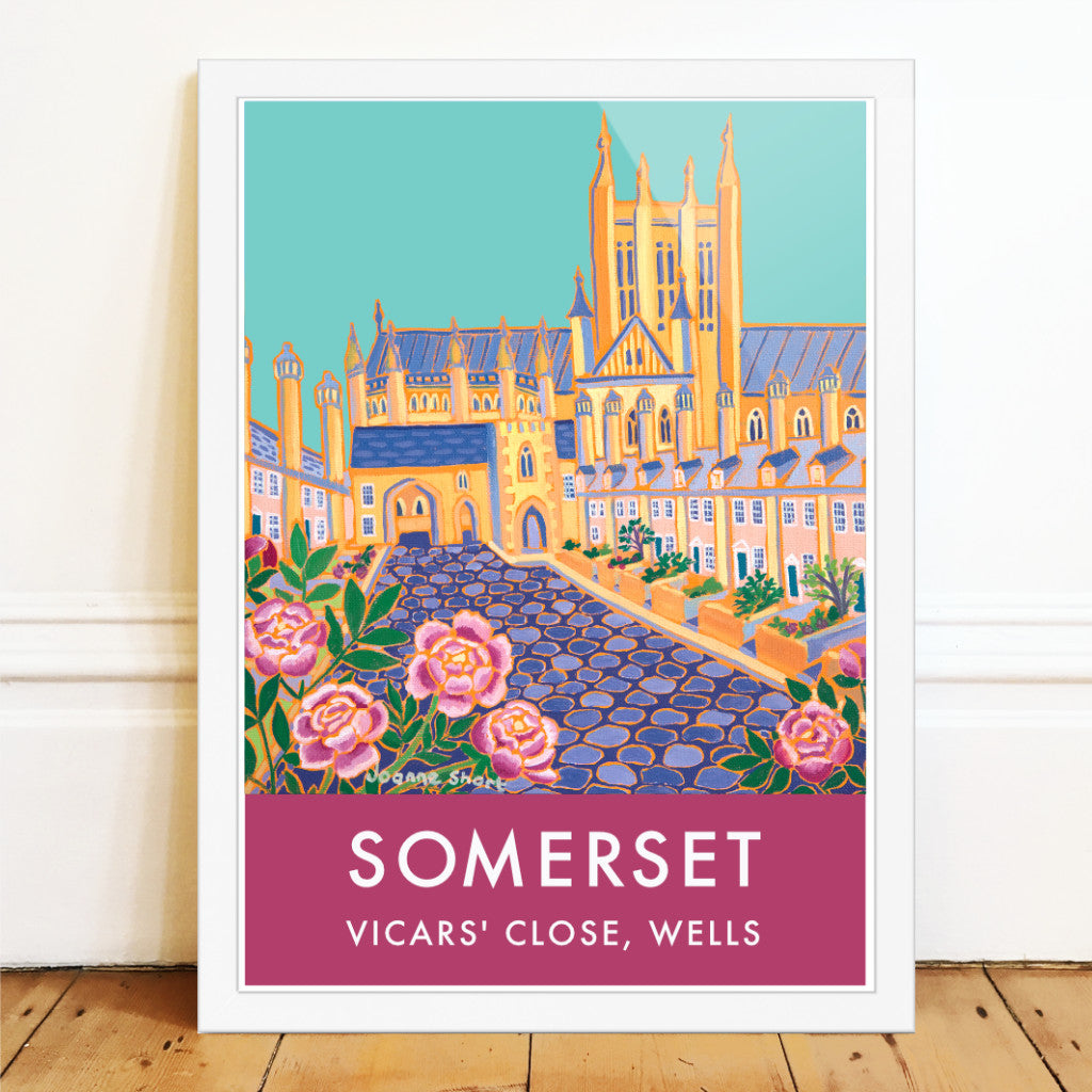 Vintage Style Wall Art Poster Print by Joanne Short of Vicars' Close Garden and Wells Cathedral in Somerset