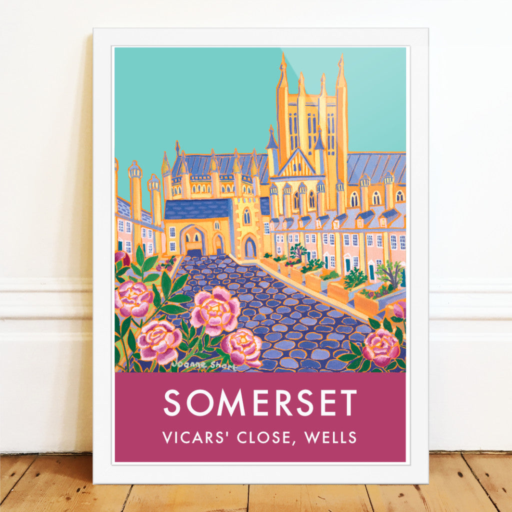 Vintage Style Wall Art Poster Print by Joanne Short of Vicars' Close Garden and Wells Cathedral in Somerset