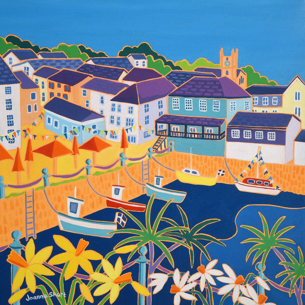 Joanne Short oil painting of Customs House Quay in Falmouth, Cornwall. palm trees, daffodils, bunting, cafe, pub and fishing boats. 