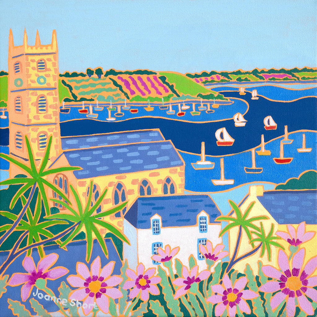 King Charles Church in Falmouth Cornwall painted by artist Joanne Short. Falmouth bay with boats, palm trees and flowers.