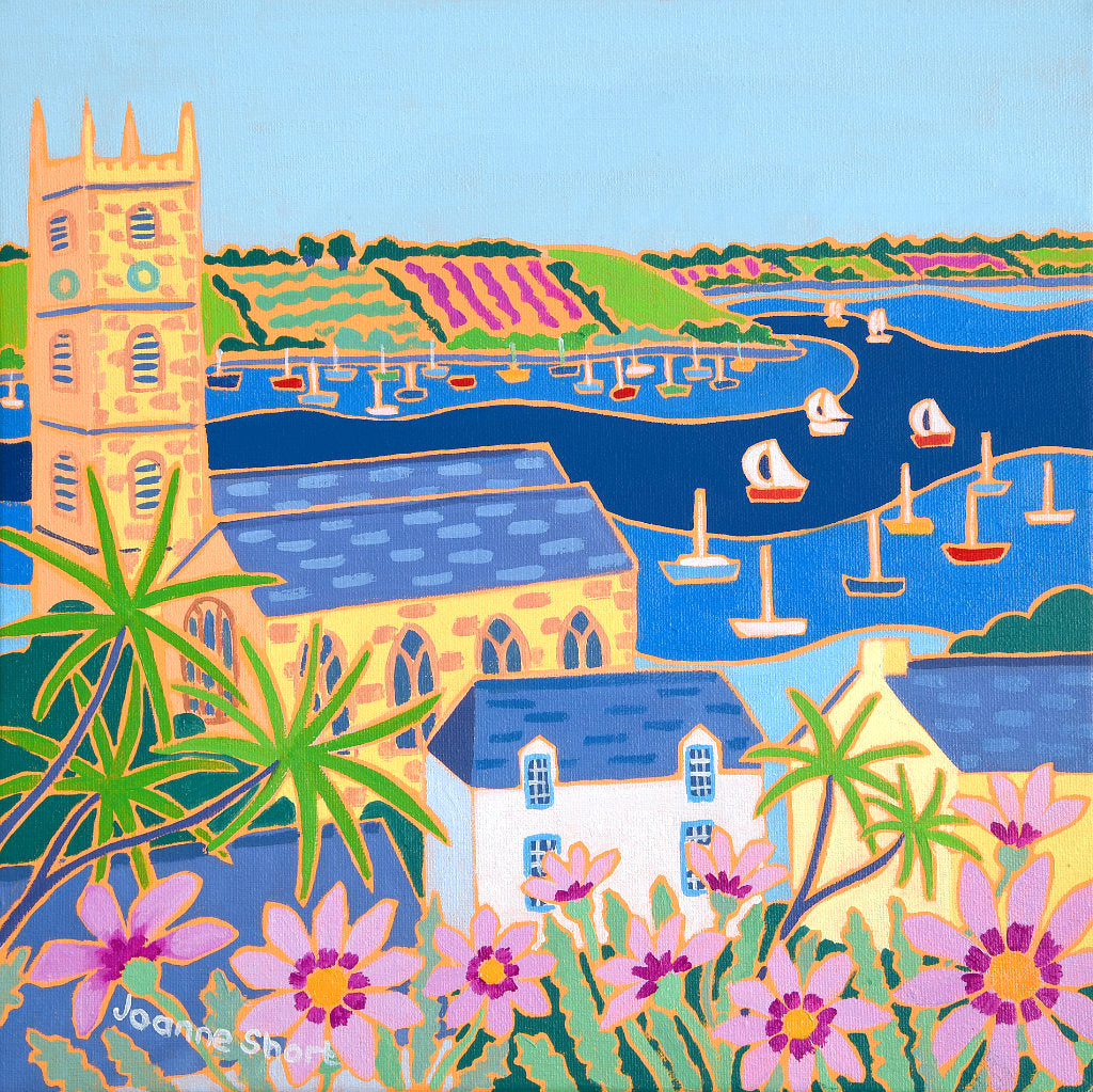 King Charles Church in Falmouth Cornwall painted by artist Joanne Short. Falmouth bay with boats, palm trees and flowers.