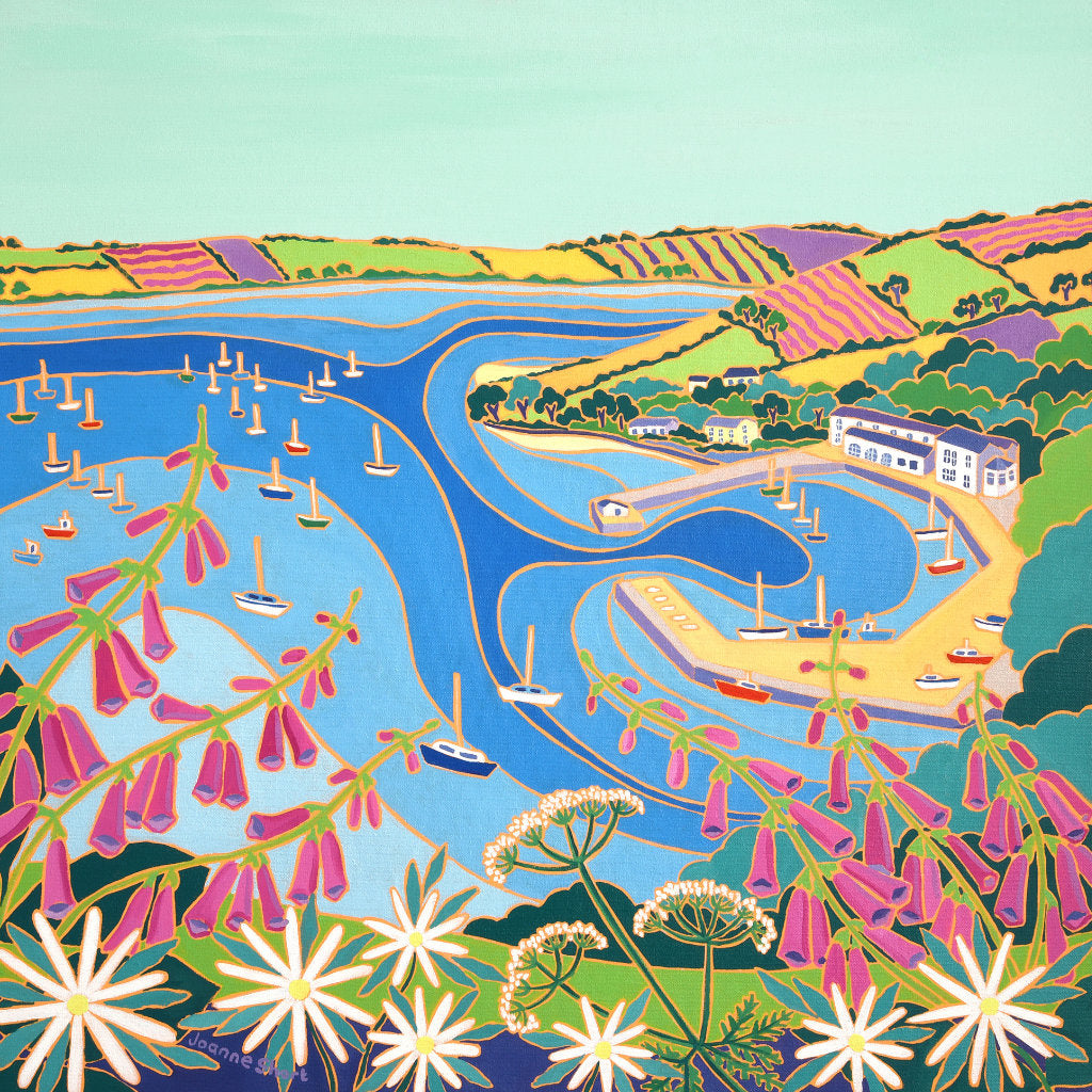 Joanne Short painting of Mylor harbour in Cornwall. Cornish wild flowers with foxgloves and cow parsley. View of the Carrick Roads and the Roseland Peninsular.