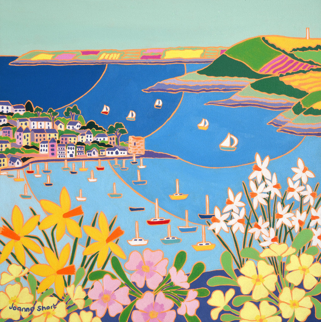 Painting of Polruan near Fowey in Cornwall by Cornish artist Joanne Short. Spring flowers and boats.