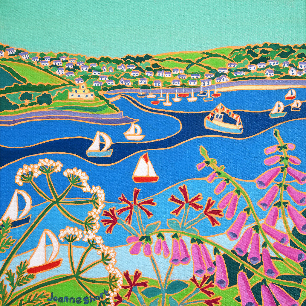 Sailing boats racing past St Mawes Castle in Cornwall. Painting by Joanne Short with Campion, Cow Parsley and Foxgloves. The St Mawes Ferry can be seen in the picture.