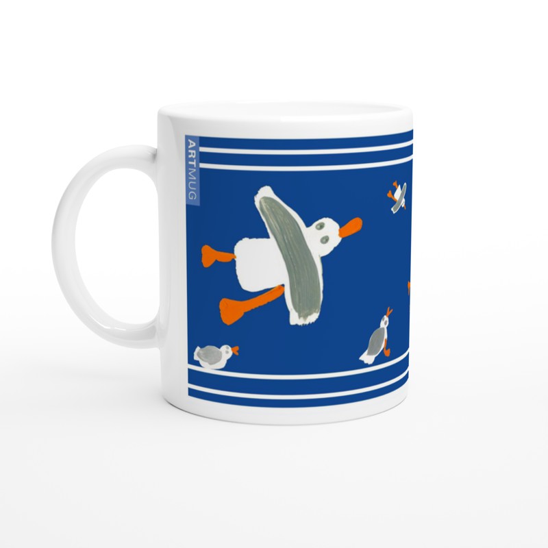 John Dyer Ceramic Cornish Art Mug with Cornish Seagulls. Blue