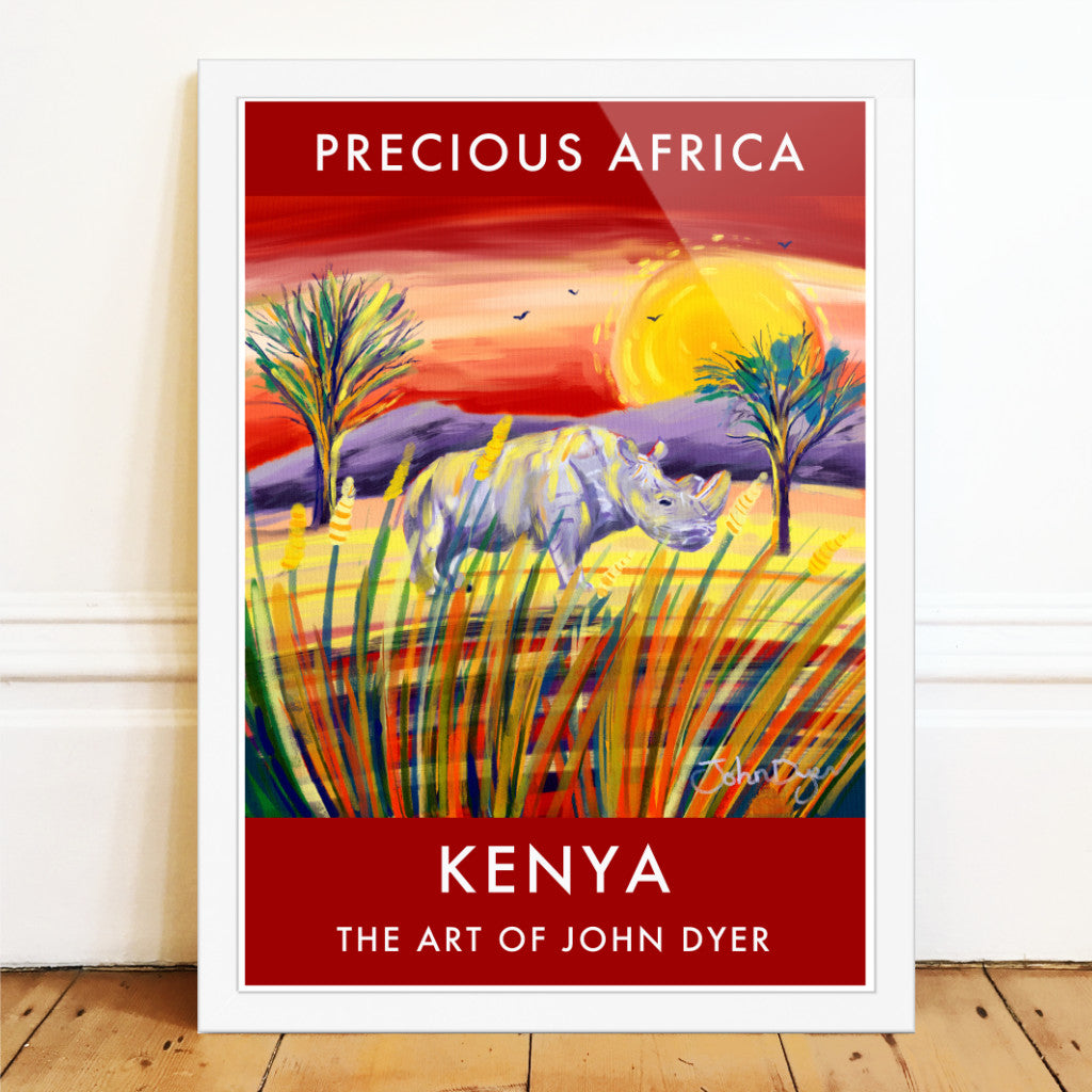 Wall art poster print featuring one of the last Northern White Rhino in Kenya Africa by British artist John Dyer. There are only two Northern White Rhino on planet earth and artist John Dyer is highlighting this in this poignant but beautiful art poster print of a Northern White Rhino in Kenya. The rich sunset fills the print with warmth and African colours catch the trees and grasses as the light pours across the landscape. A stunning wall art poster print of Africa that is available framed or unframed.