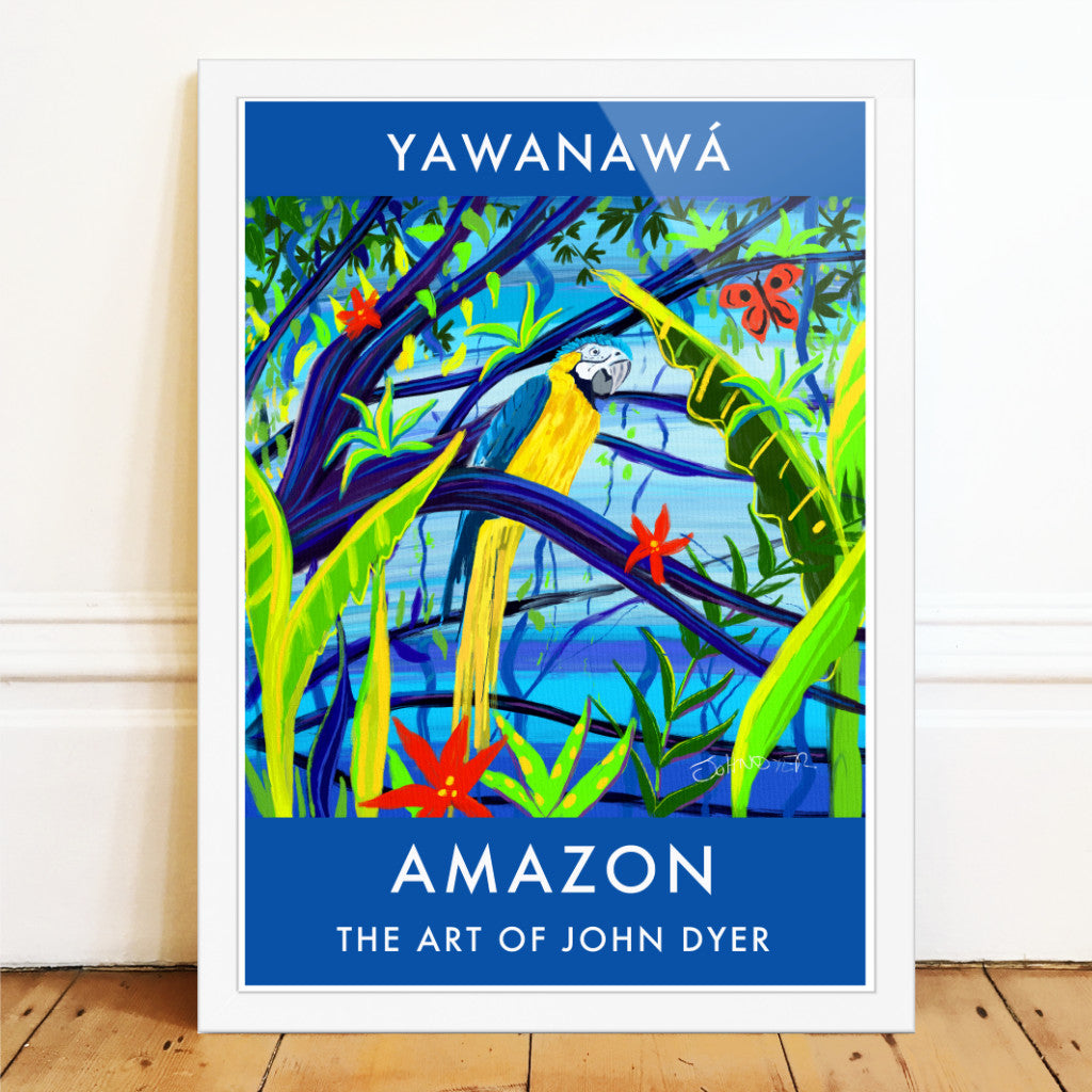 Wall art poster print of a blue and yellow macaw parrot in the Amazon Rainforest of Brazil by Earth Day artist John Dyer.