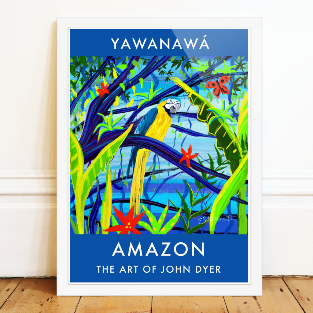 Vintage Style Wall Art Jungle Poster Art Print by John Dyer. Amazon Rainforest Blue and Yellow Macaw Parrot