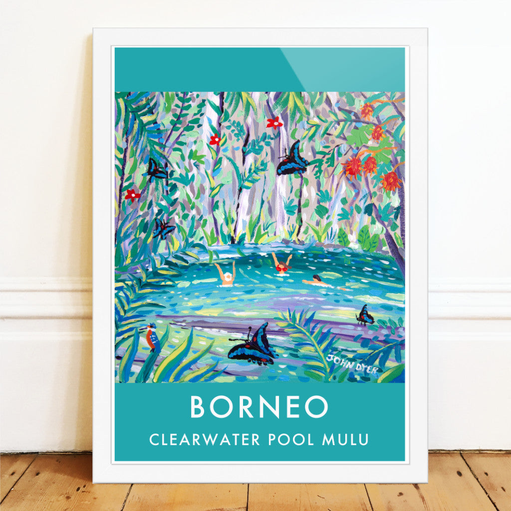 Clearwater cave at Mulu in Borneo is part of Asia&#39;s longest cave system and the water that flows through the system emerges crystal clear in Clearwater Pool. The enchanting John Dyer painting reproduced on this art poster features Clearwater pool and the thrill of swimming in the tropical rainforest of Borneo. Find out more about John Dyer&#39;s adventures in Borneo now.