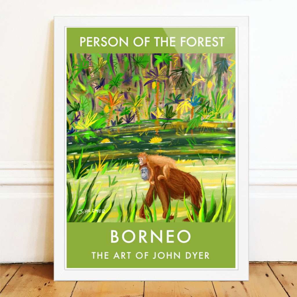 A stunning fine art wall poster print featuring a mother orangutan with her baby. Available framed or unframed. This delightful drawing by British artist John Dyer of the mother orangutan with her child riding on her back captures the essence of this amazing and beautiful critically endangered species. The image was created deep in the Borneo rainforest by the artist on his expedition with the Orangutan Foundation
