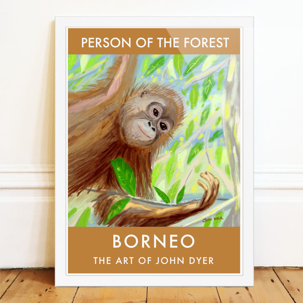 This fine art wall poster print features a beautiful drawn portrait by artist John Dyer of a baby orangutan in the rainforest of Borneo. This critically endangered species is known as the 'Person of the Forest' and this delightful art poster print wonderfully captures the personality and magic of this possibly soon to be extinct species. Available framed or unframed in a wide variety of sizes.