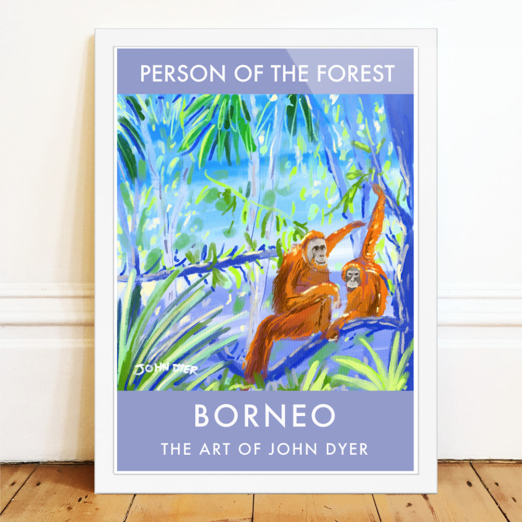 Orangutan fine art poster print of the Borneo rainforest by Earth Day artist John Dyer. Orangutan translates as 'Person of the Forest' and artist John Dyer has captured these beautiful and endangered animals in this free and painterly drawing of the rainforest in Borneo. John Dyer completed the orangutan artwork featured on this art poster print work on location in Borneo whist living alongside wild orangutans.