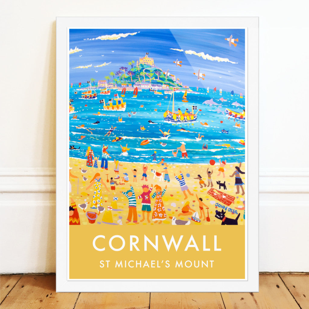 If you love Cornwall you will love this vintage seaside art poster print of St Michael's Mount by Cornwall's most acclaimed contemporary painter John Dyer. Wonderful typography combined with block colour and John's amazing painting provide a perfect vintage look. Surfers, seals, dogs, divers, fishing boats, dolphins & much more create a real sense of fun and lots to see in this vibrant print. Available unframed or framed and ready to hang on your wall.