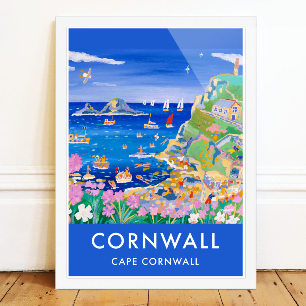 John Dyer wall art poster print of Cape Cornwall. Sea pinks and wild flowers carpet the cliffs. Fishing boats explore the bay and swimmers jump and dive from the rocks at Cape Cornwall. This is one of Cornwall's most remote and unspoilt locations and this art poster print brings all the fun and energy the artist finds there to us. Available unframed or framed in a range of sizes and ready to hang on your wall.