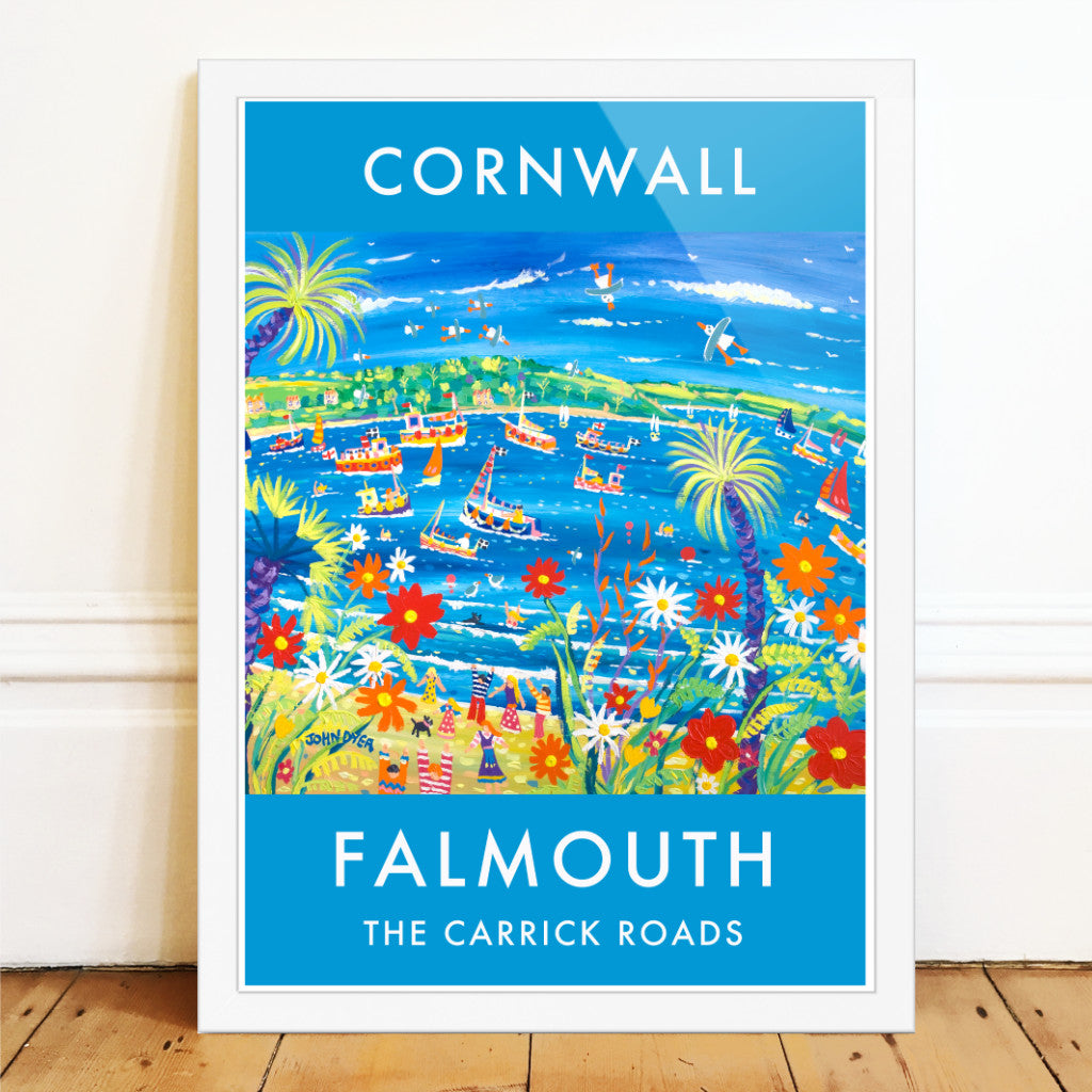 Wall art poster print of Falmouth and the Carrick Roads and River Fal in Cornwall by acclaimed Cornish artist John Dyer. John&#39;s paintings are famous the world over and his optimistic colourful representations of Cornwall are instantly recognisable with his famous seagulls and use of colour. This art poster is a classic John Dyer image - full of fun, boats, tropical plants and people enjoying the river at Falmouth on the south coast of Cornwall. Available unframed or framed ready your hang on your wall.