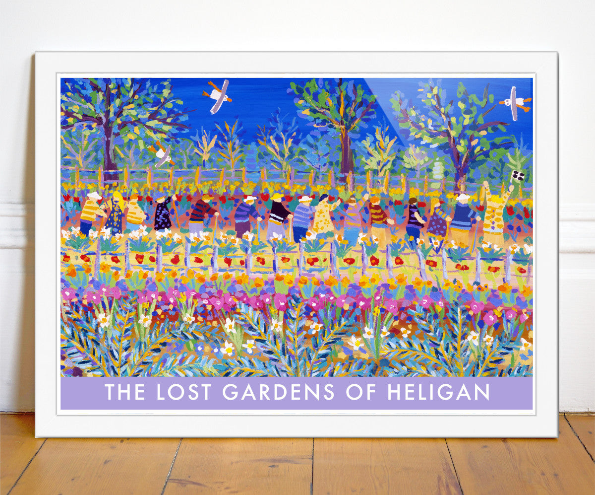 The Lost Gardens of Heligan are perfectly captured in John Dyer's painting of the gardens 'Rows of Plants and People, Heligan'. This beautiful vintage style wall art poster presents the painting in a new form. A party of people following a Cornish flag enjoys the rows of flowers and tropical plants. Fabulous and a great image of Heligan. Available framed or unframed in a range of popular sizes.