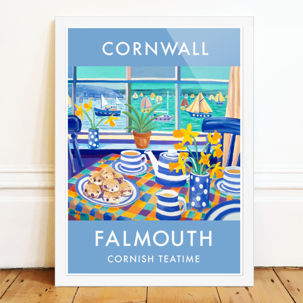 Vintage style wall art travel poster print of a Cornish Cream Tea in Falmouth, Cornwall by artist John Dyer. The table is set with scones and cups of tea in Cornish Blue TG Green cups and saucers. Yellow daffodils can be seen in a spotted blue vase and on the windowsill. Beyond we can see sailing boats and sea through the window looking out to the Carrick Roads and the River Fal. Available unframed, or framed and ready to hang on your wall.