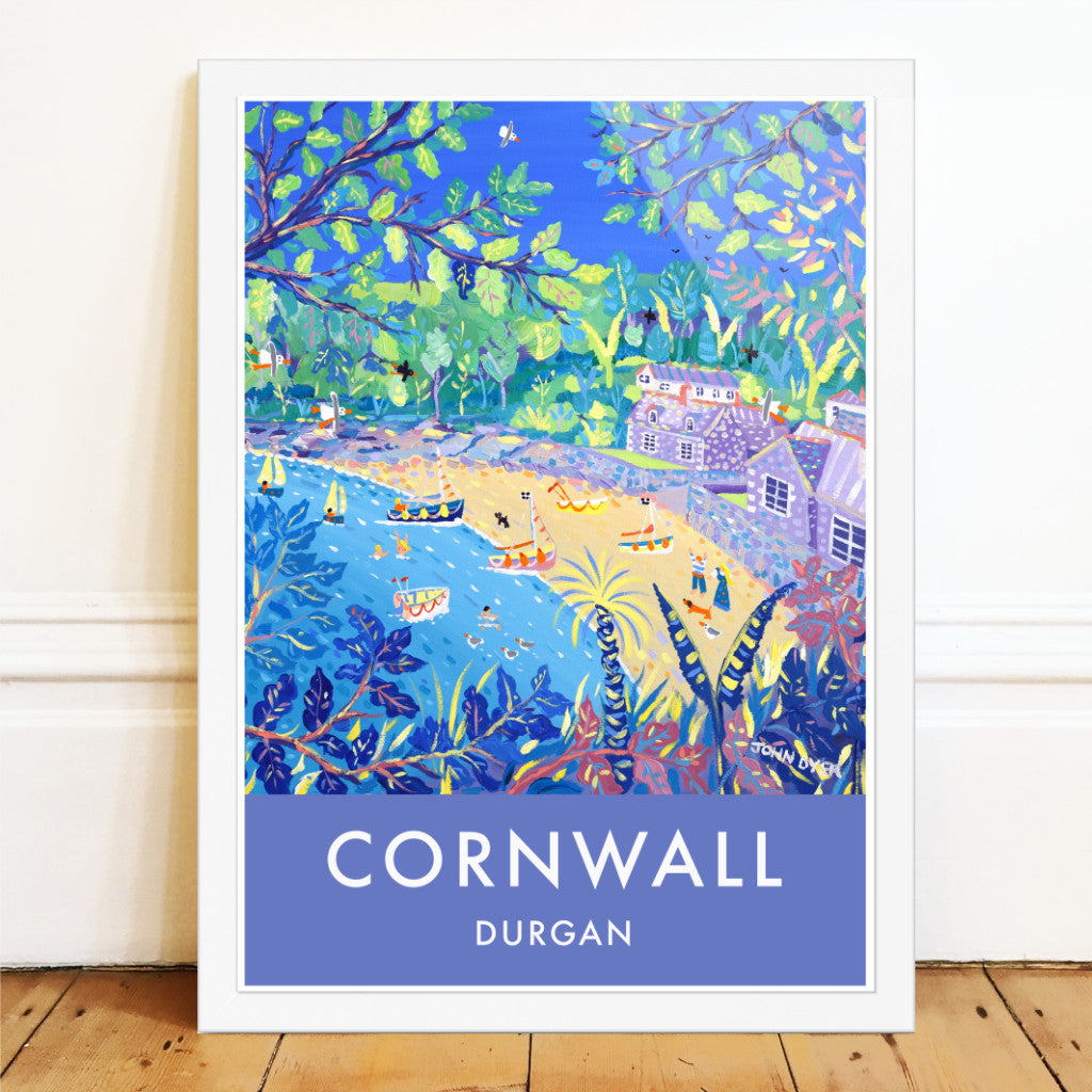 A wonderful wall art travel poster print of Durgan in Cornwall by Cornish artist John Dyer. John Dyer&#39;s paintings are widely acclaimed and he is Cornwall&#39;s best loved contemporary artist. This delightful art poster print brings us one of his stunning paintings of Durgan on the Helford River. Purple and blues combine to create a tranquil glimpse of the beach at Durgan. A perfect window onto Cornwall that you can add to your home or office. Available unframed, or framed ready to hang on your wall.