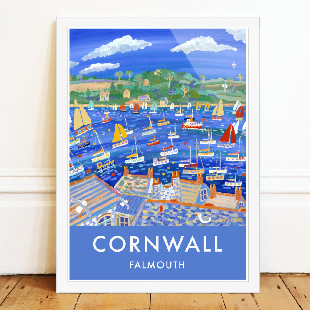 John Dyer is Falmouth&#39;s best loved artist and this wonderful wall art poster print of the boats bobbing on the river at Falmouth creates a wonderful seaside vintage style art poster print of Cornwall. The view is across the rooftops of the town towards the headland at Flushing. Colourful yachts and fishing boats are captured with a freedom and use of colour that is classic John Dyer.
