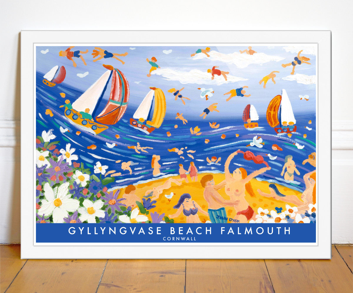 Vintage Style Seaside Travel Poster by John Dyer. Saucy Seaside Gyllyngvase Beach Cornwall